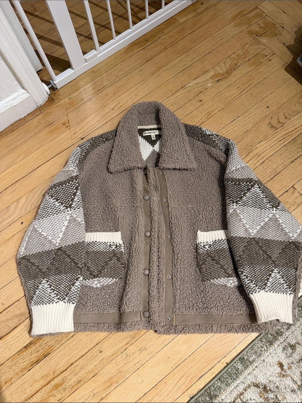 Blank NYC Taupe Sherpa Cardigan with Geometric Knit Sleeves-S